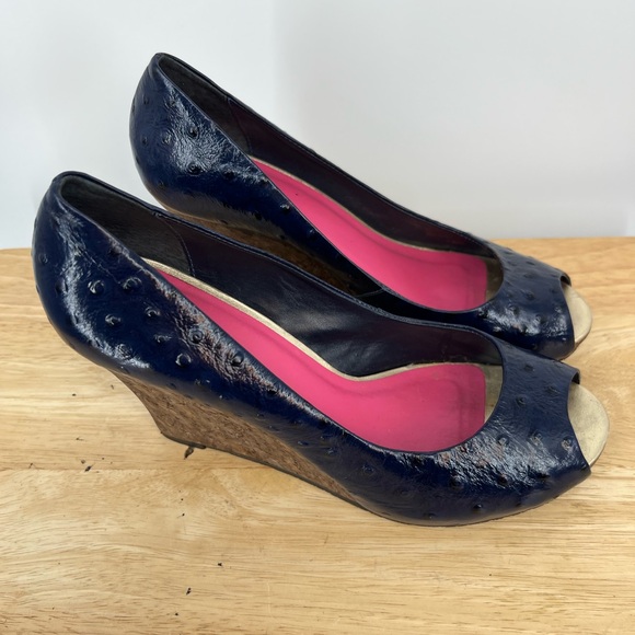 LILLY PULITZER CORK wedge blue leather peep toe heels women’s shoes size 8 1/2 - Picture 3 of 9